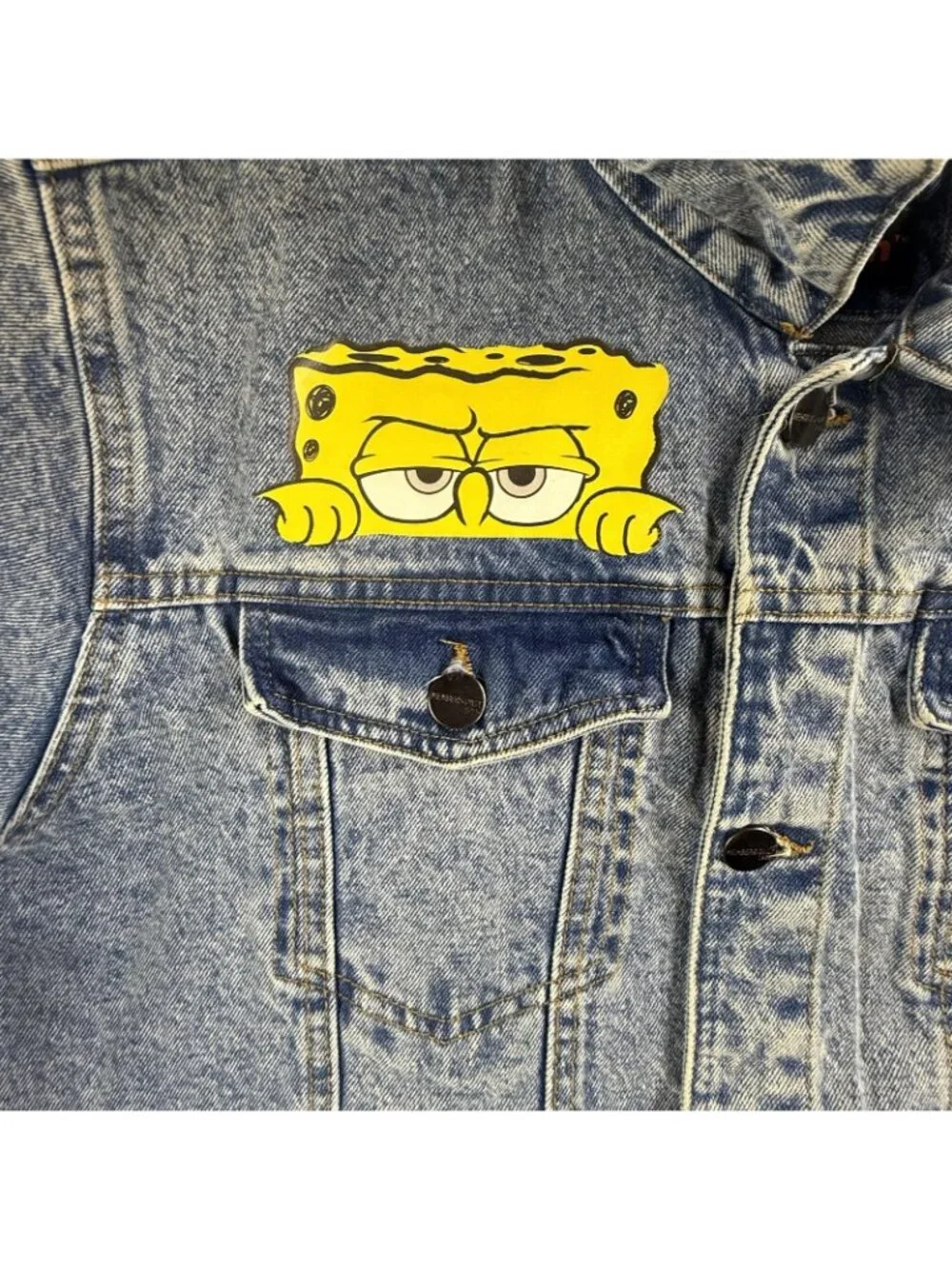 SpongeBob Members Only Jacket Men XL Blue Denim Nickelodeon Cartoon Jean Trucker